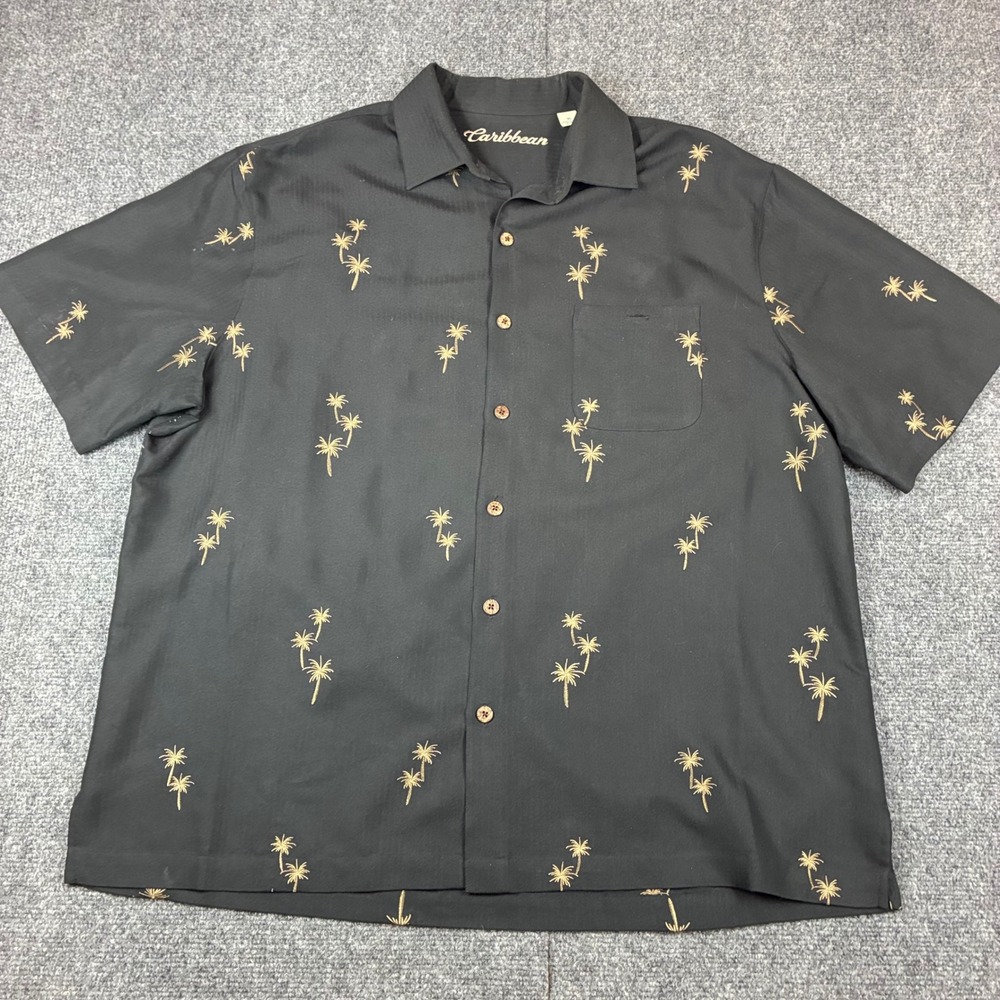 Caribbean Mens Size XL Black Gold Embroidered Palm Tree Herringbone Camp Shirt